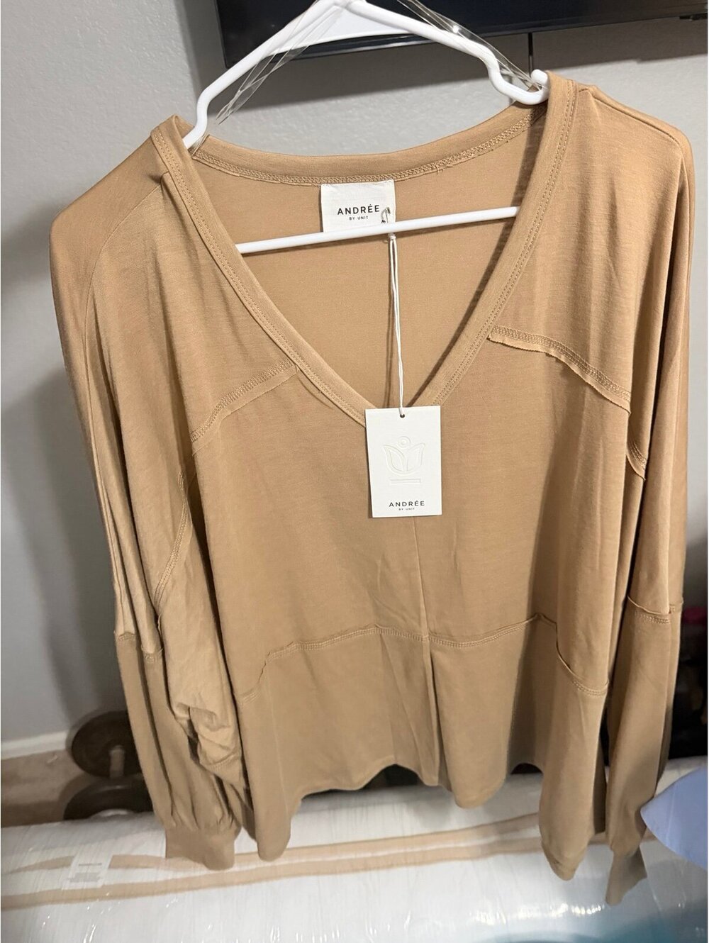 Andree tan long-sleeve V-neck top